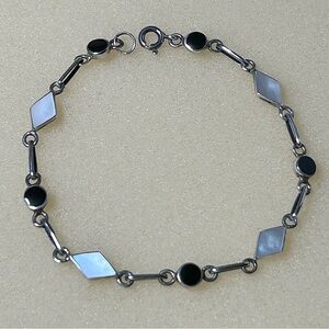 Black Onyx and Mother of Pearl Inlay Sterling Silver Link Bracelet